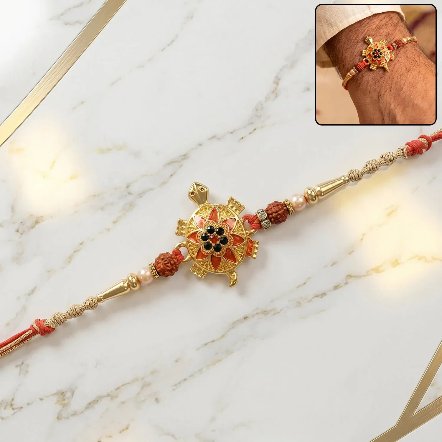 Premium Golden Tortoise Rakhi – Auspicious OM Symbol with Stones - Buy Online at Alikart