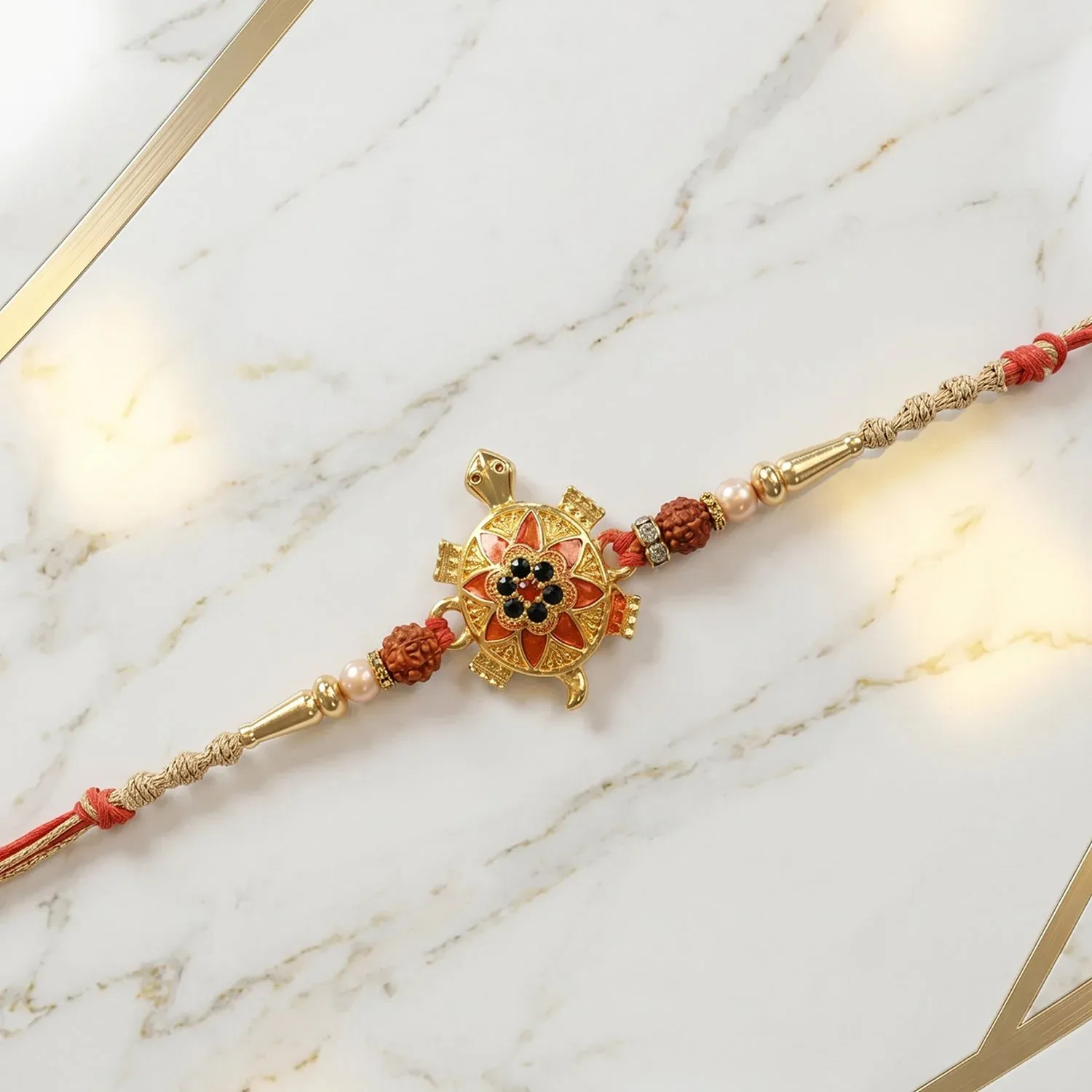 Golden Tortoise Rakhi – Auspicious OM Symbol with Stones - Detailed Feature View 2