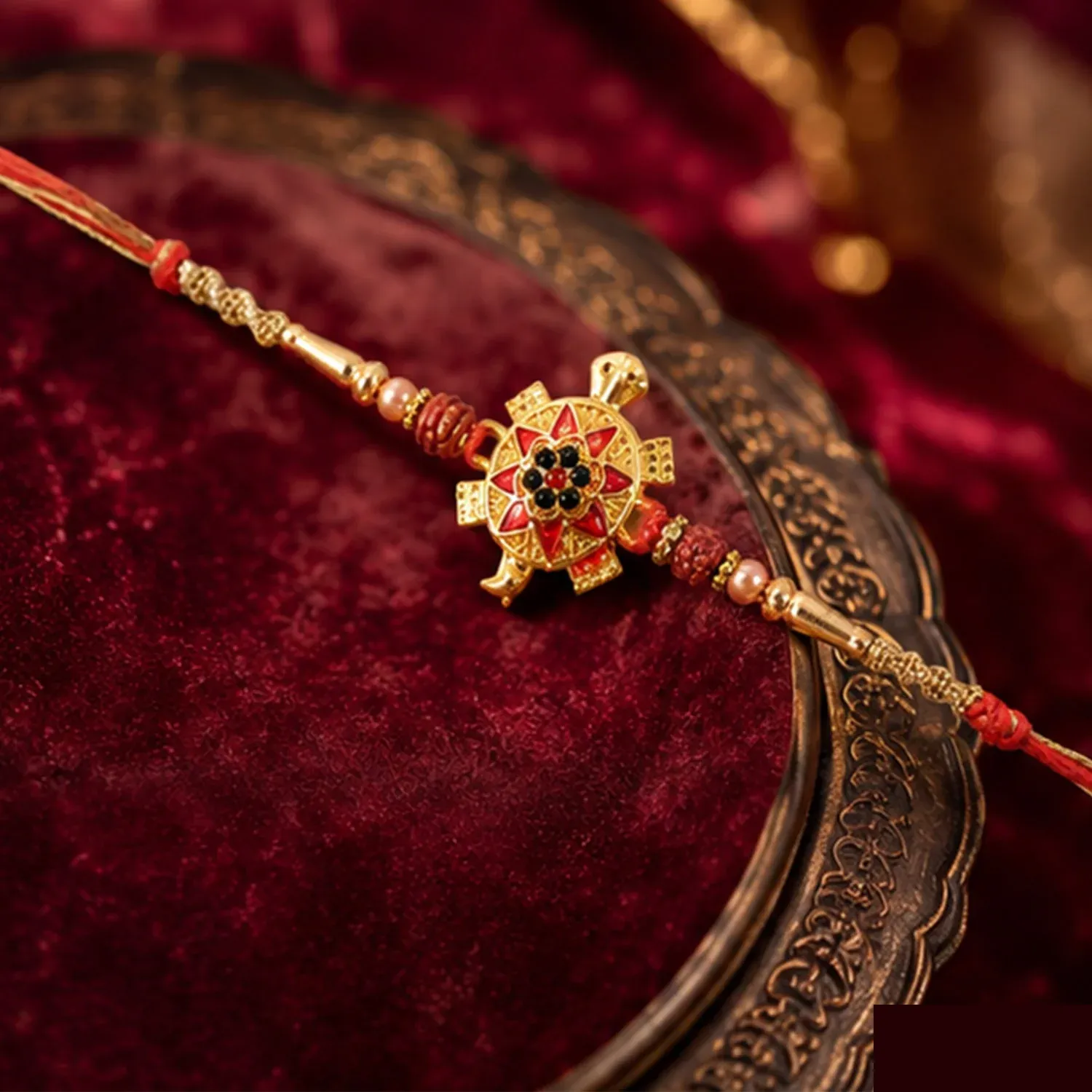 Golden Tortoise Rakhi – Auspicious OM Symbol with Stones - Detailed Feature View 3