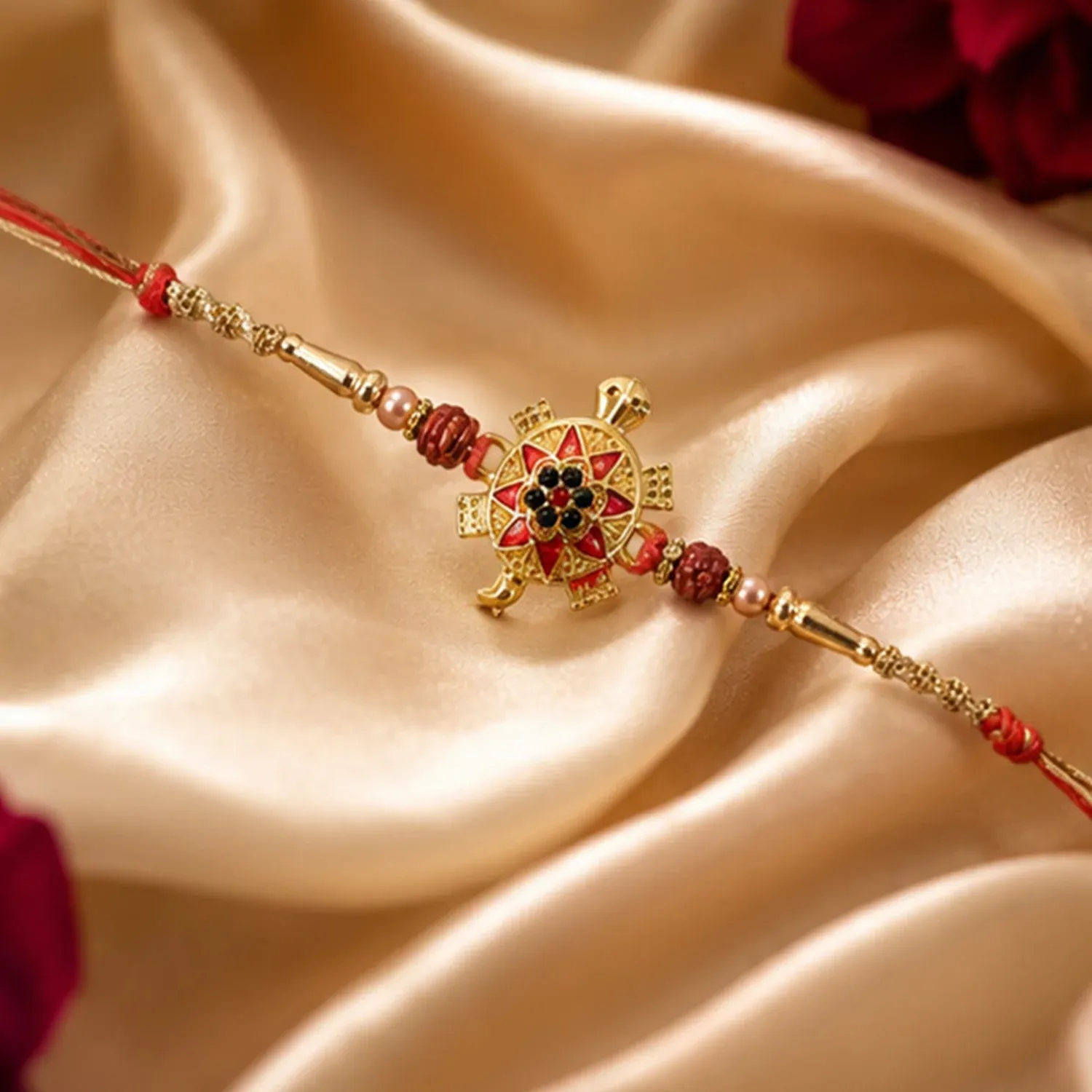 Golden Tortoise Rakhi – Auspicious OM Symbol with Stones - Detailed Feature View 5