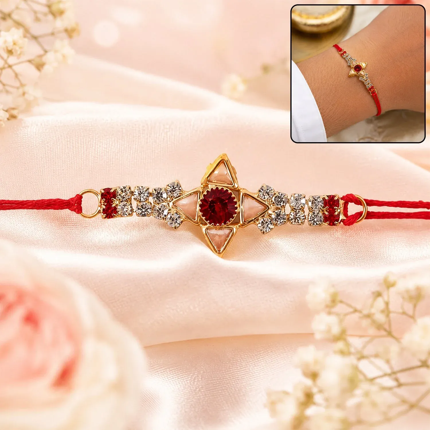 Premium Rakhi for Brother – Sparkling Gold Marquise & Red Stone - Buy Online at Alikart
