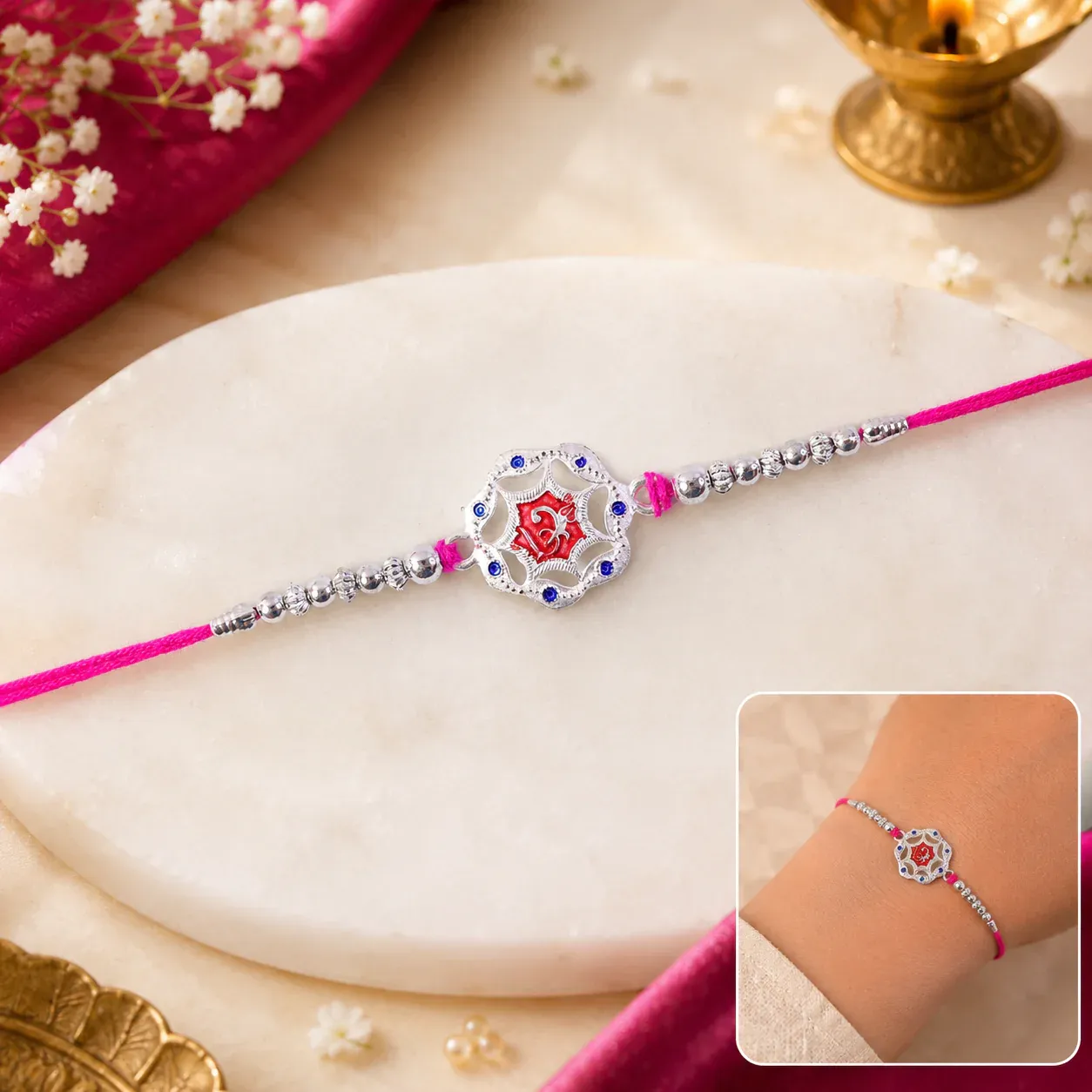 Premium Designer Rakhi for Brother – Silver Floral with Red Stone - Buy Online at Alikart