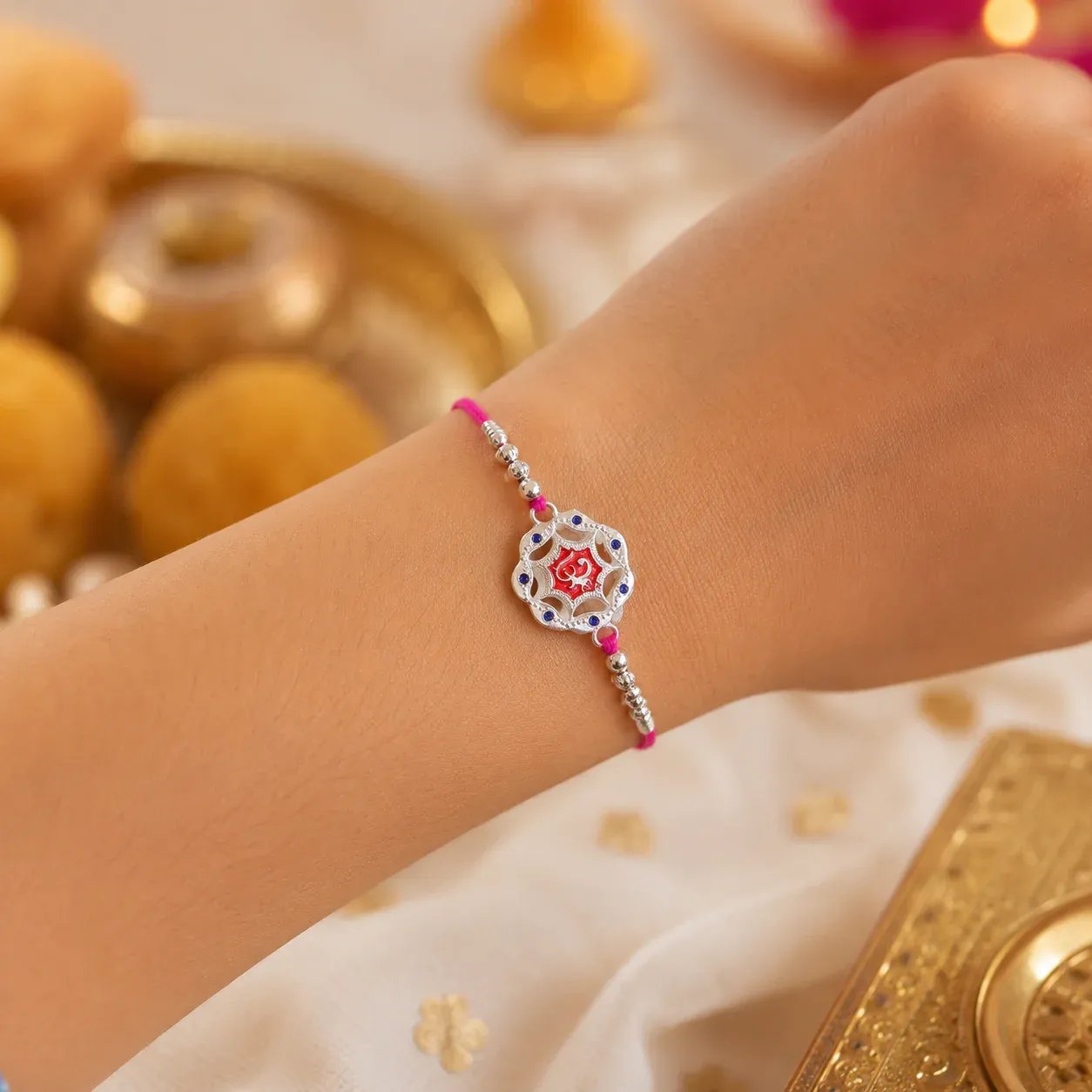 Designer Rakhi for Brother – Silver Floral with Red Stone - Detailed Feature View 2