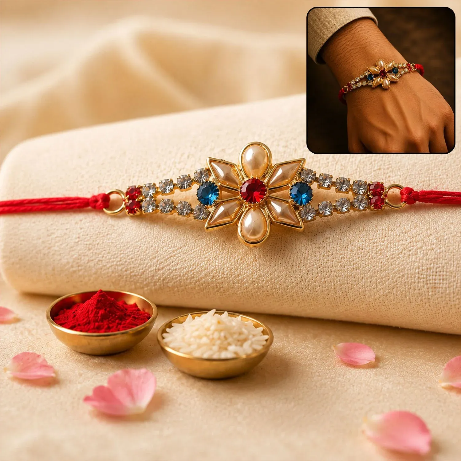 Premium Pearl Flower Rakhi – Elegant Designer Thread for Brothers - Buy Online at Alikart