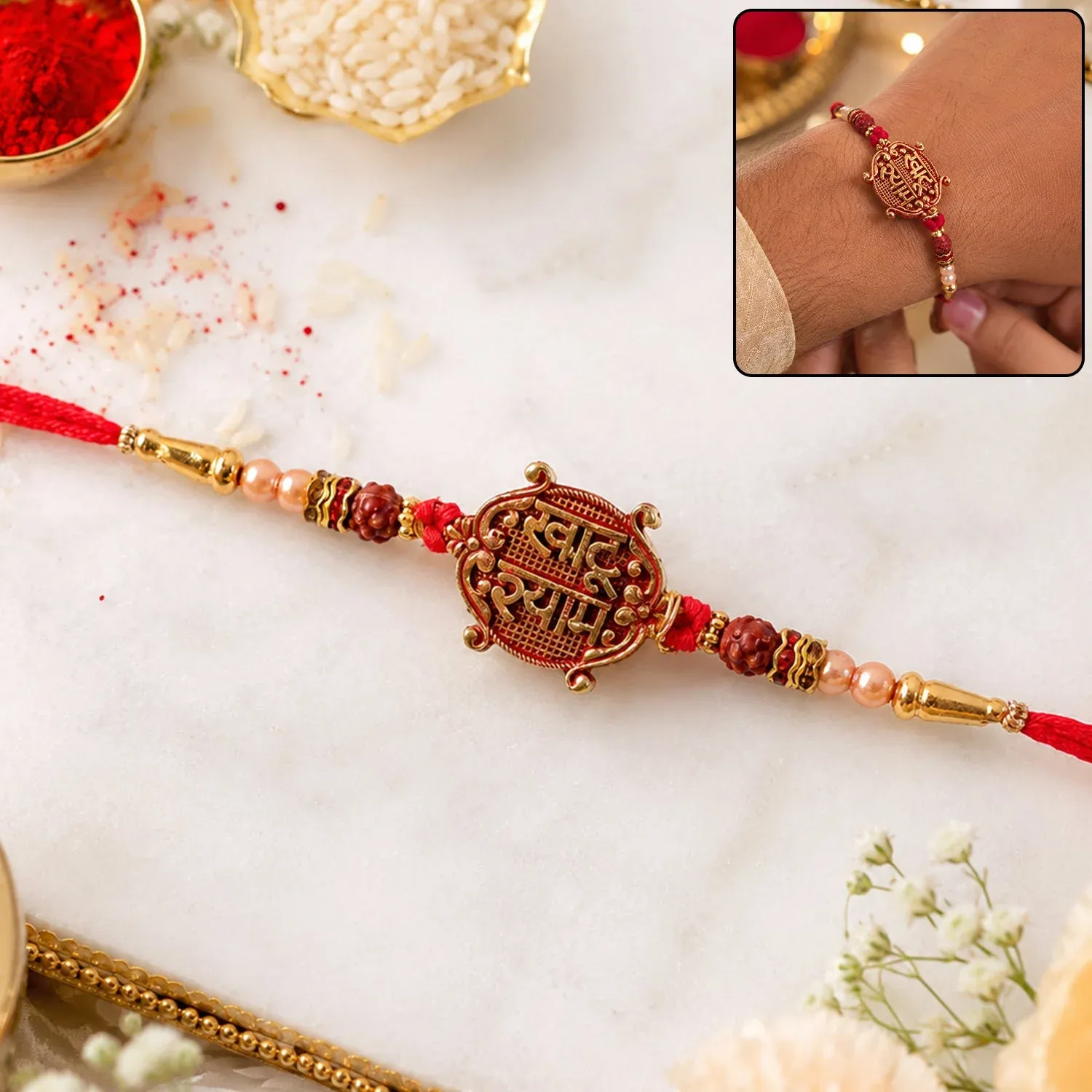 Meenakari Rakhi – Khatu Shyam Pendant with Rudraksha Beads for Raksha Bandhan - Detailed Feature View 2