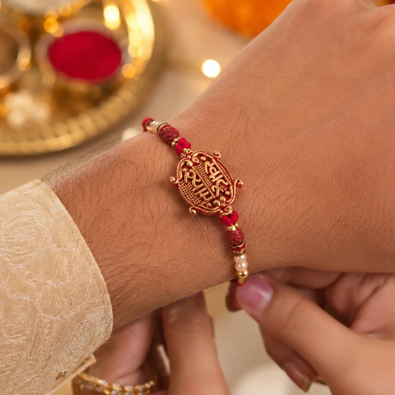 Meenakari Rakhi – Khatu Shyam Pendant with Rudraksha Beads for Raksha Bandhan - Detailed Feature View 1