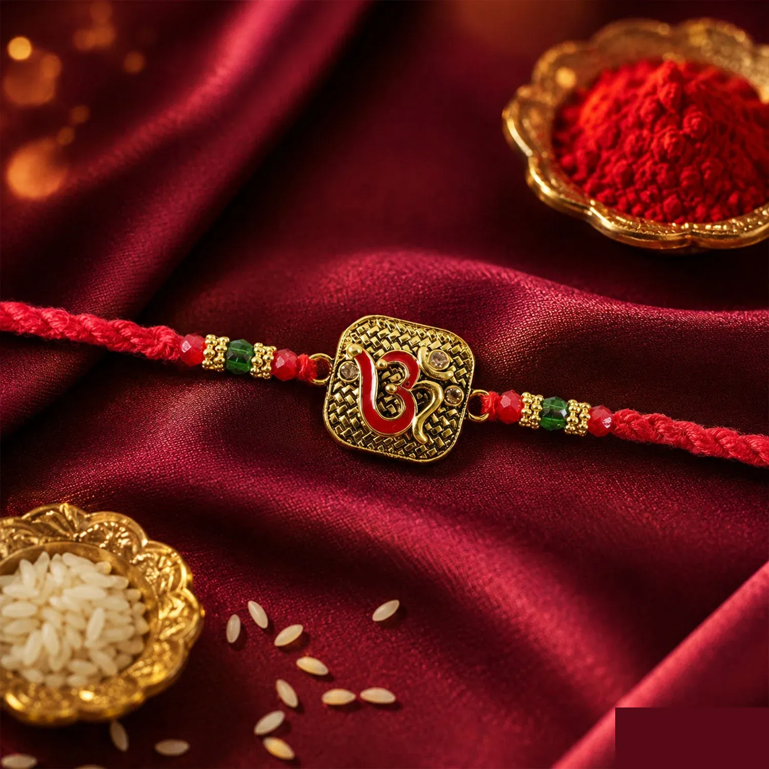 Antique Red Om Square Pendant Rakhi – Traditional Festive Design - Detailed Feature View 3