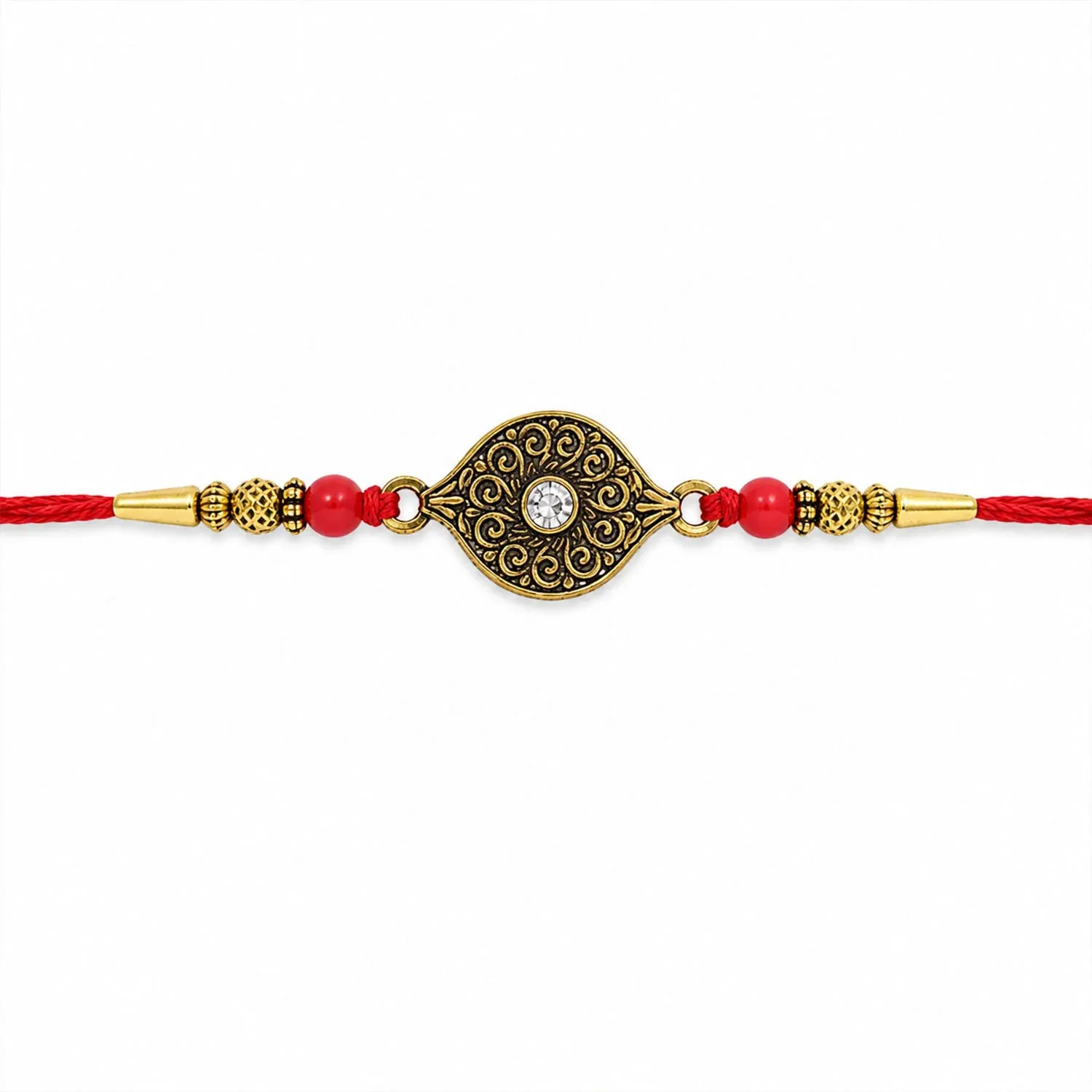 Rakhi – Elegant Antique Oval with Red Crystal Beads for Brothers - Detailed Feature View 4