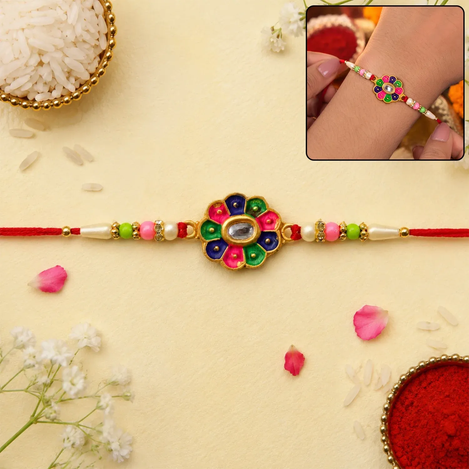 Premium Multicolor Floral Stone Rakhi – Elegant Designer Wrist Wear - Buy Online at Alikart