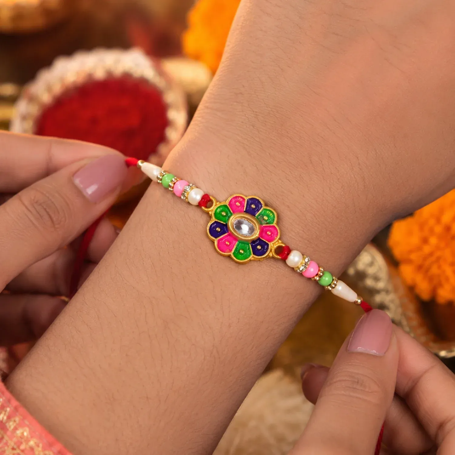 Multicolor Floral Stone Rakhi – Elegant Designer Wrist Wear - Detailed Feature View 1