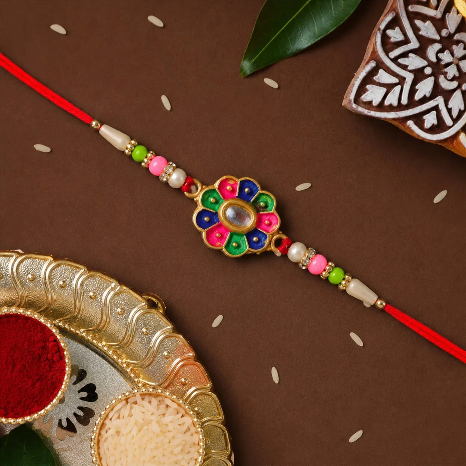 Multicolor Floral Stone Rakhi – Elegant Designer Wrist Wear - Detailed Feature View 3