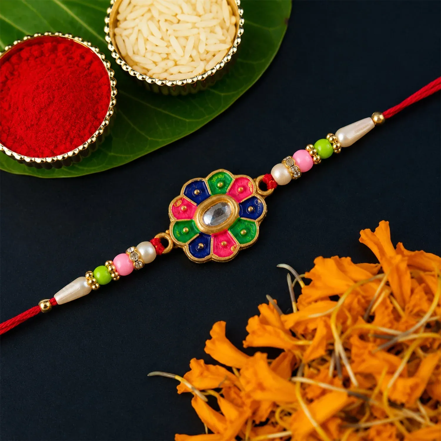 Multicolor Floral Stone Rakhi – Elegant Designer Wrist Wear - Detailed Feature View 2