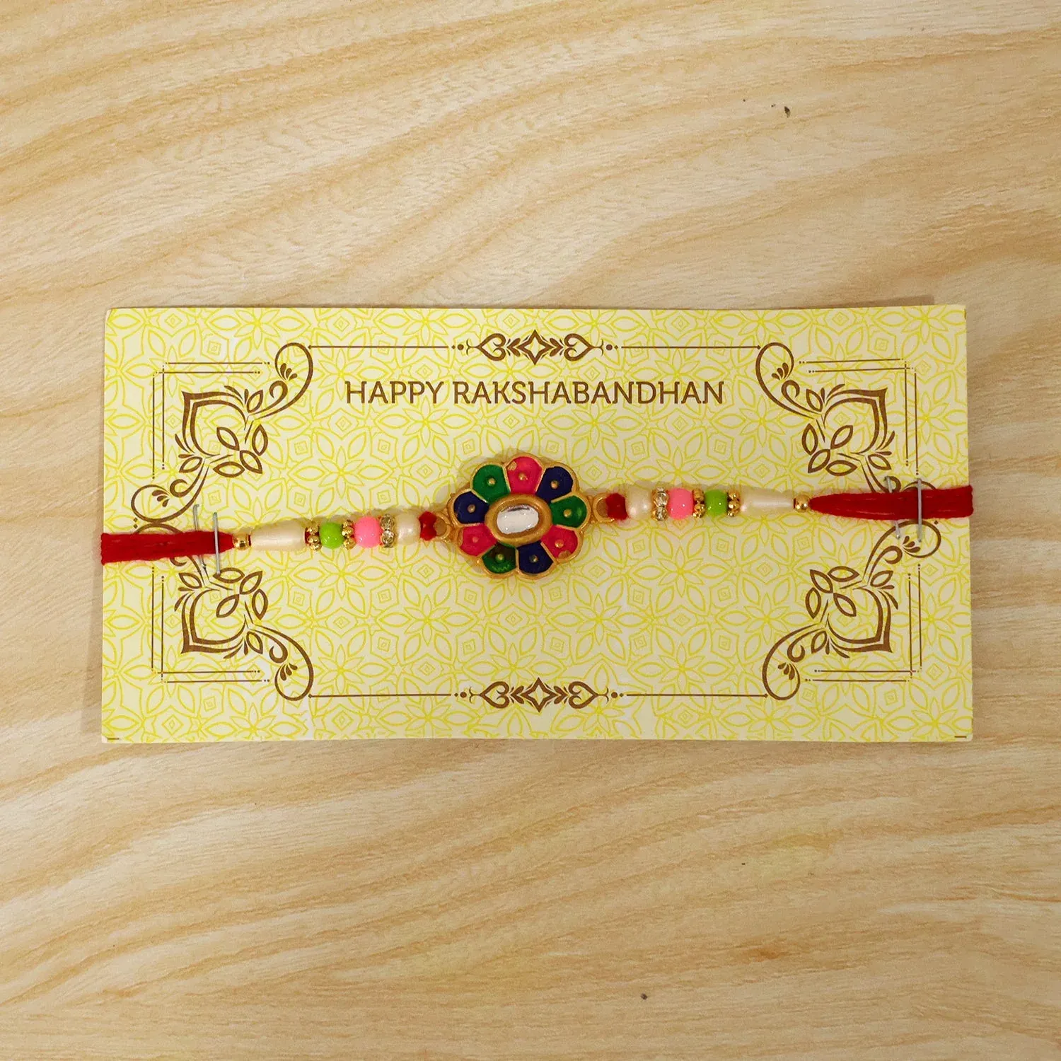 Multicolor Floral Stone Rakhi – Elegant Designer Wrist Wear - Detailed Feature View 5