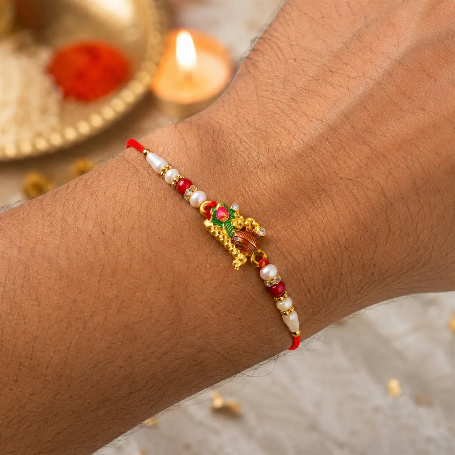 Rakhi for Brother – Beautiful festive thread with peacock feather - Detailed Feature View 1