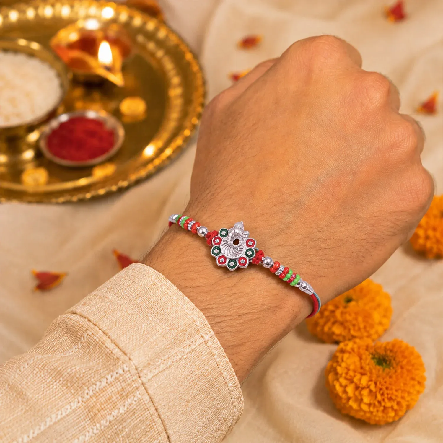 Rakshabandhan Rakhi – Exquisite Stone-Studded Silver Tone Design - Detailed Feature View 1