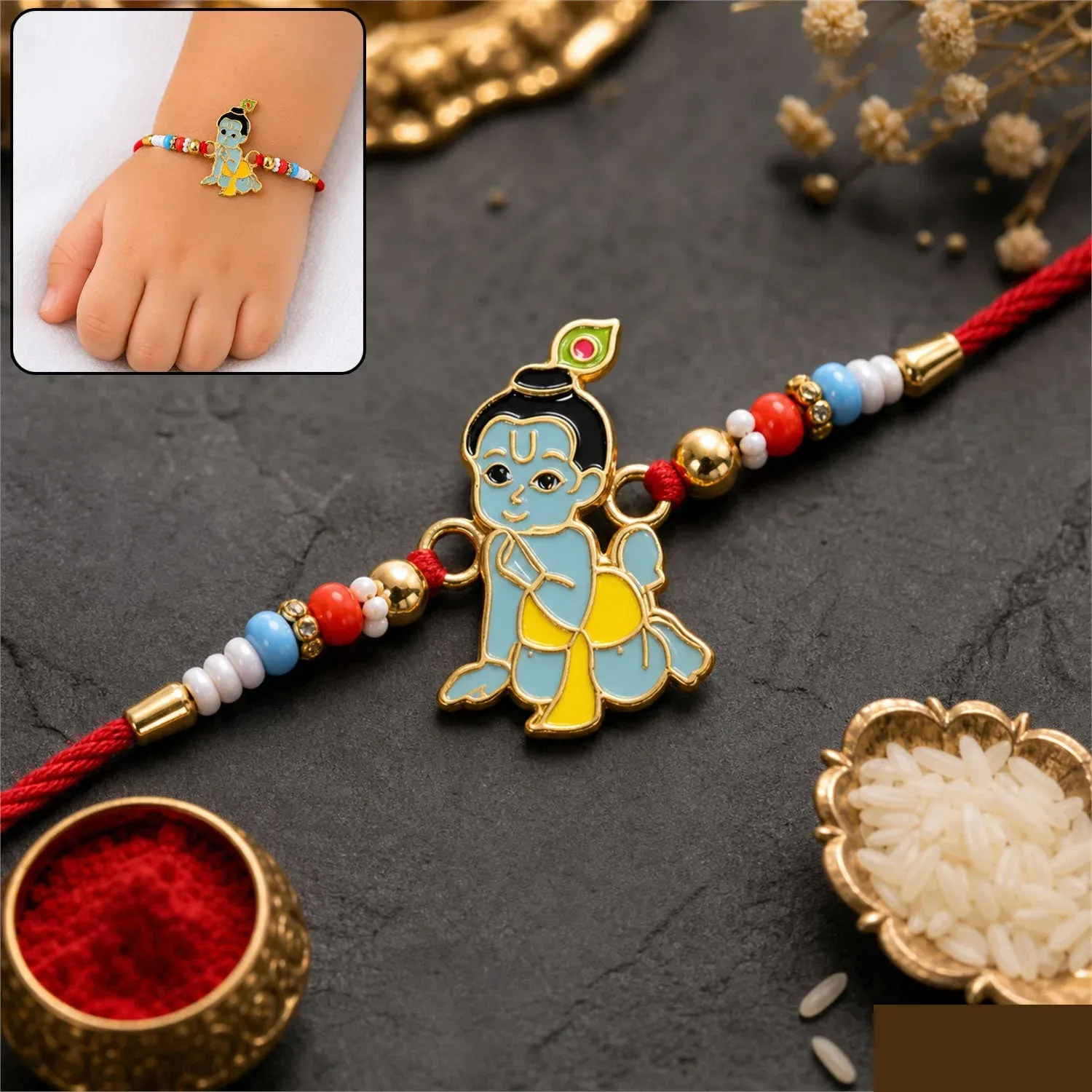 Premium Lord Krishna Rakhi – Beautiful Blue Enamel Multicolor Design for Bhai - Buy Online at Alikart