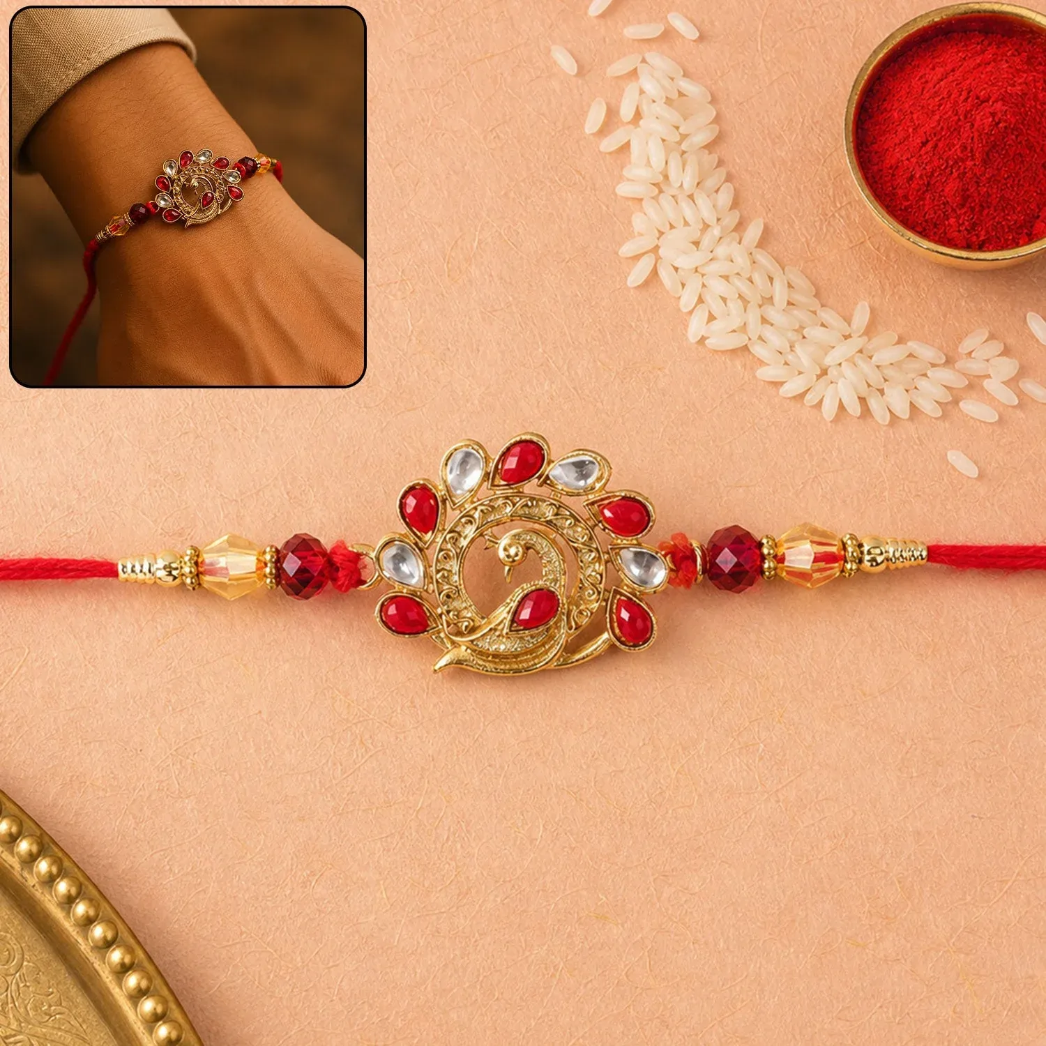 Premium Peacock Rakhi – Unique Red Stone Embellished Gift for Brotherhood - Buy Online at Alikart