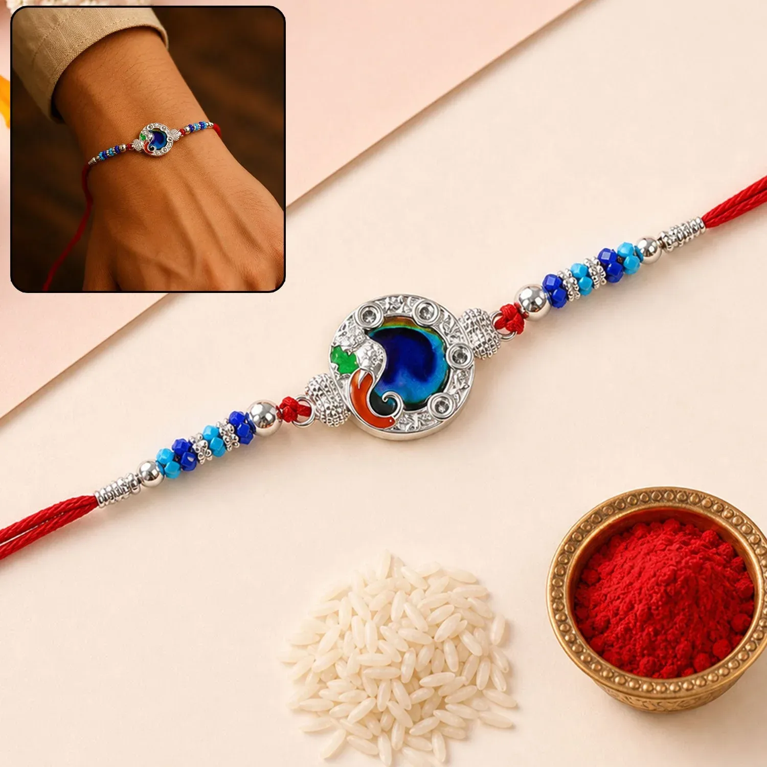 Premium Peacock Blue Stone Rakhi – Elegant Gift for Brother’s Blessings - Buy Online at Alikart