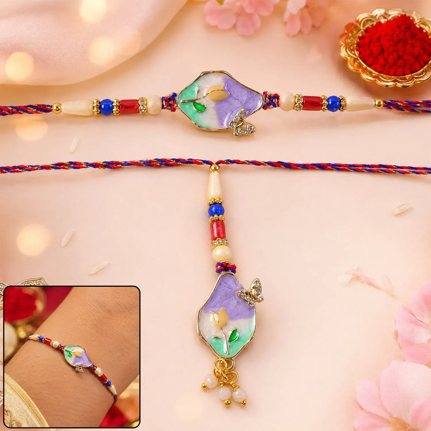 Premium Purple Floral Kundan Rakhi for Bhaiya Bhabhi – Elegant & Traditional - Buy Online at Alikart