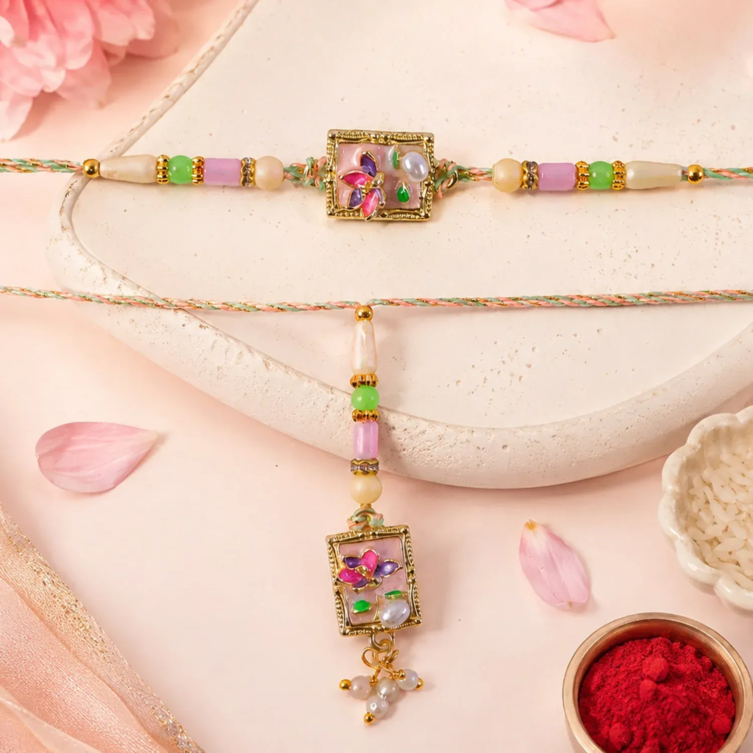 Premium Green Floral Kundan Pearls Lumba Rakhi – Elegant & Memorable Gift - Buy Online at Alikart