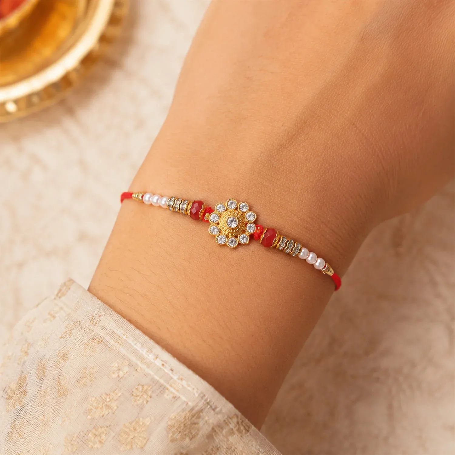 Diamond Flower Rakhi – Elegant Traditional Design for Brothers - Detailed Feature View 2