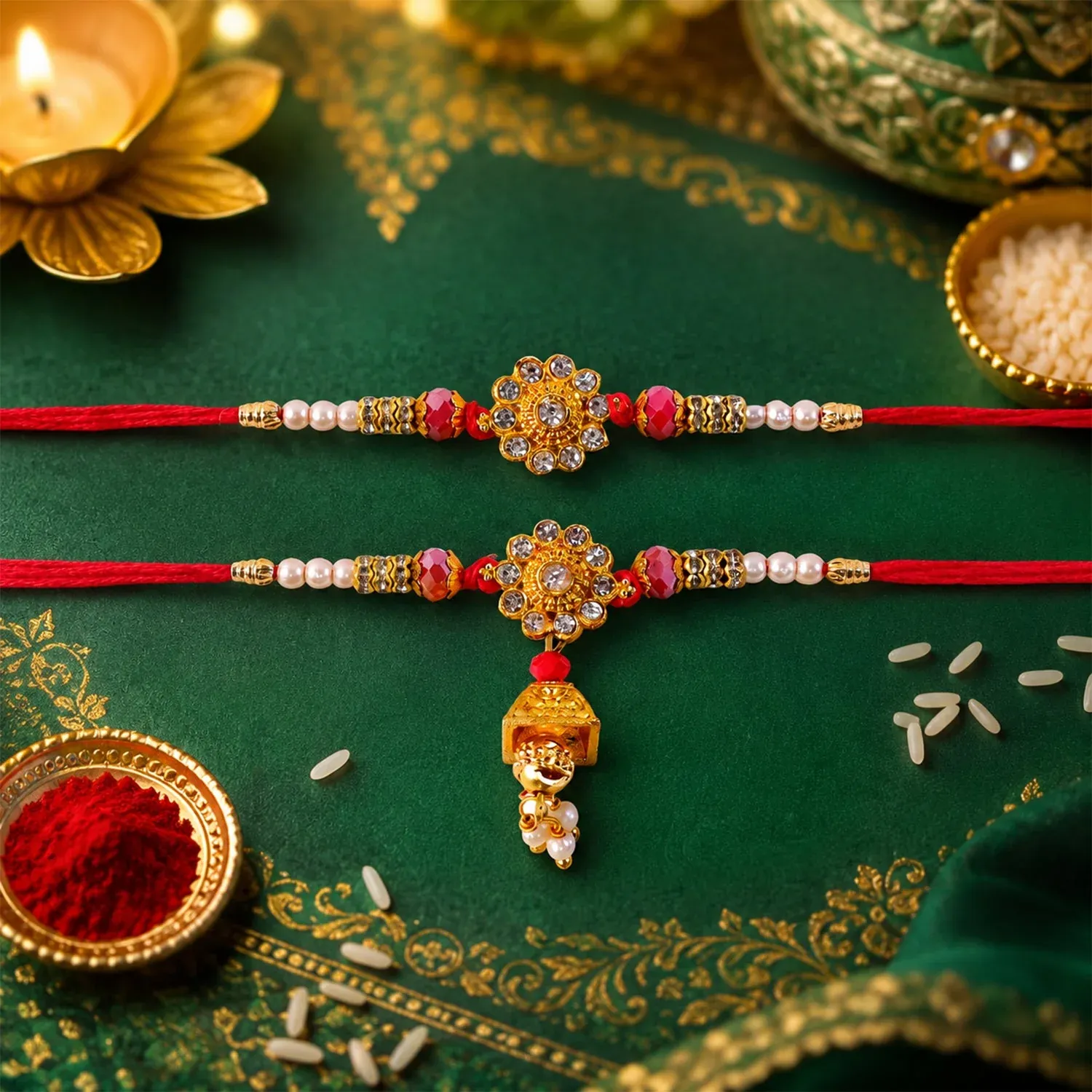 Diamond Flower Rakhi – Elegant Traditional Design for Brothers - Detailed Feature View 3
