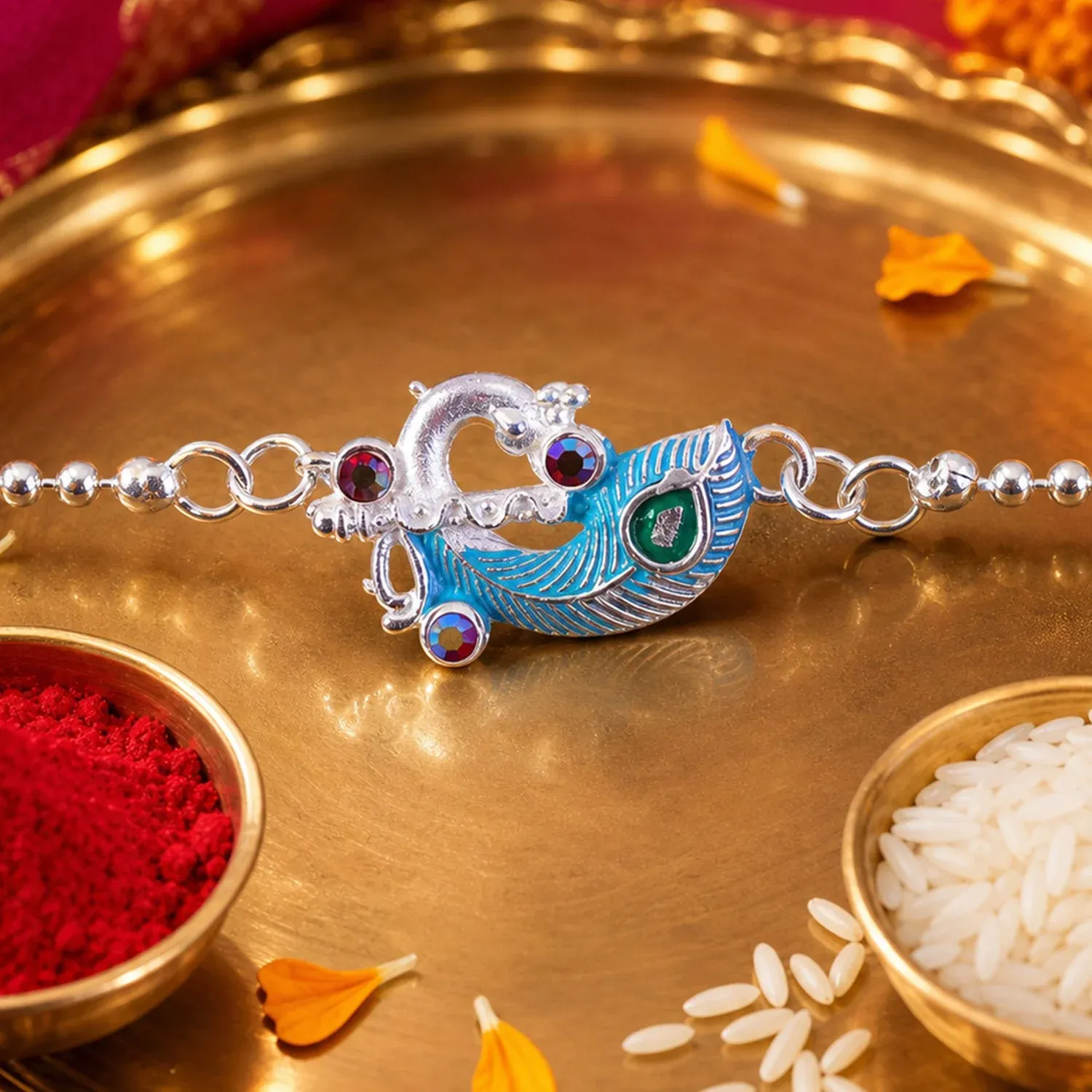 Premium Silver Peacock Enamel Bracelet – Elegant Festive Accessory for Raksha Bandhan - Buy Online at Alikart