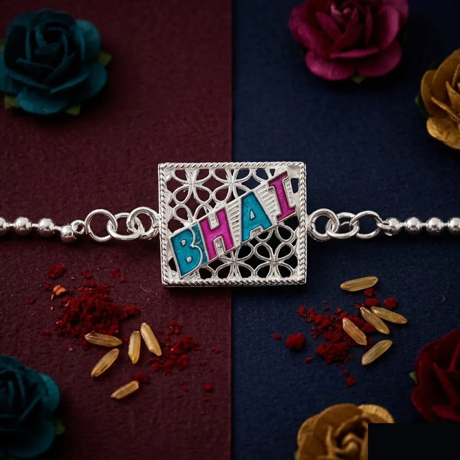 Bhai Text Enamel Square Charm Chain Bracelet Rakhi – Symbol of Bond & Love - Detailed Feature View 2