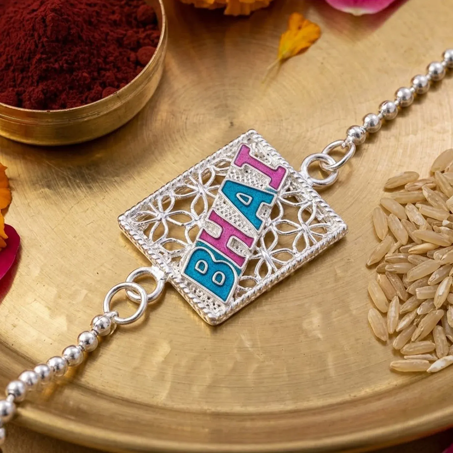 Premium Bhai Text Enamel Square Charm Chain Bracelet Rakhi – Symbol of Bond & Love - Buy Online at Alikart