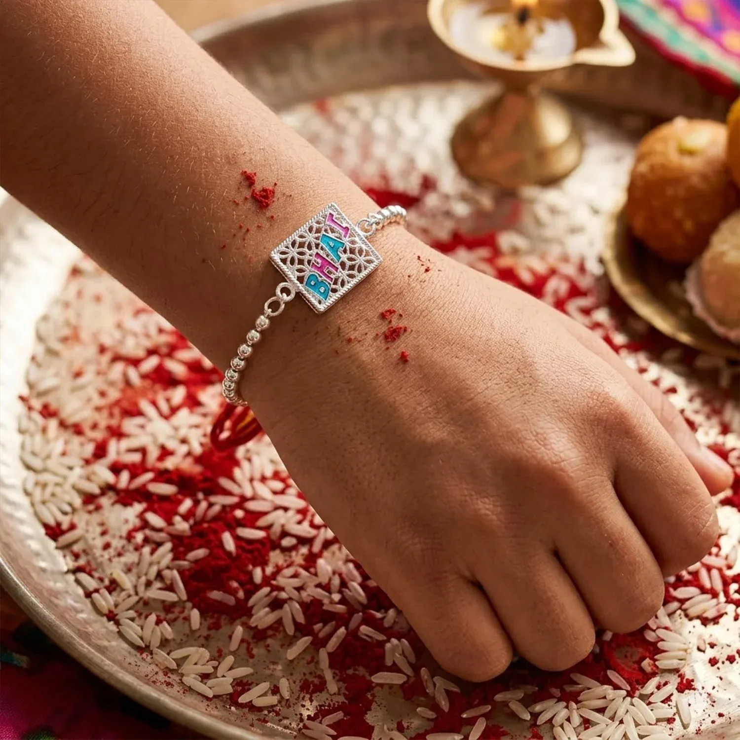 Bhai Text Enamel Square Charm Chain Bracelet Rakhi – Symbol of Bond & Love - Detailed Feature View 1