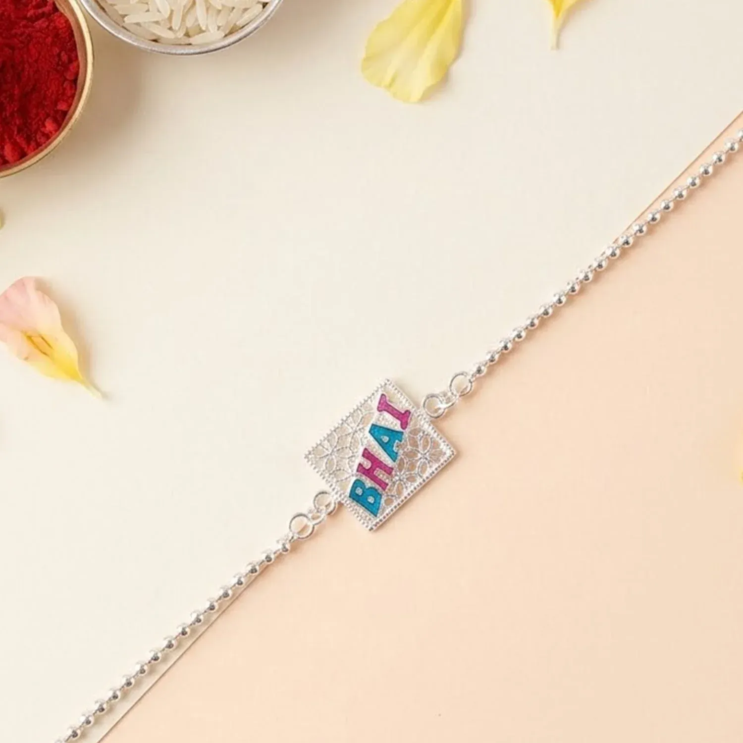Bhai Text Enamel Square Charm Chain Bracelet Rakhi – Symbol of Bond & Love - Detailed Feature View 3