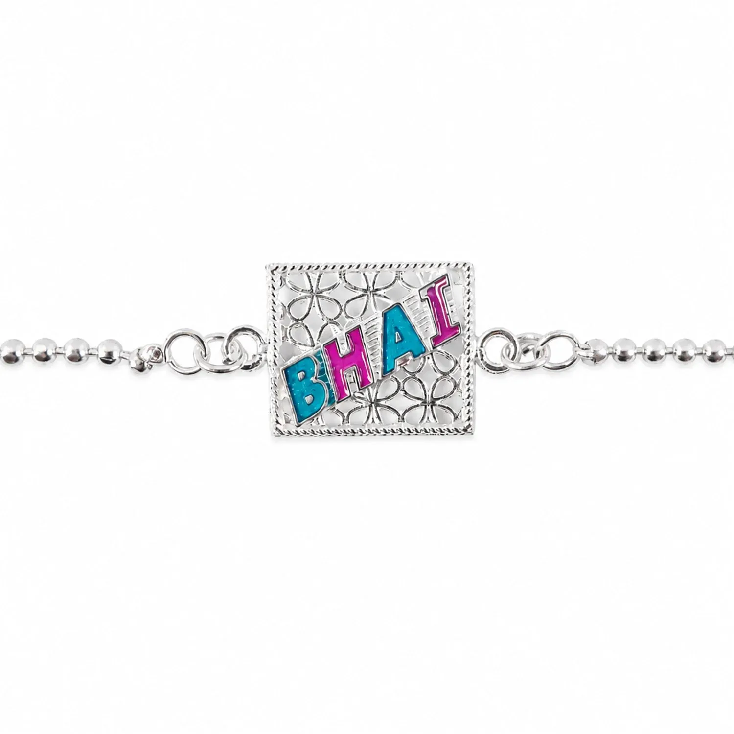 Bhai Text Enamel Square Charm Chain Bracelet Rakhi – Symbol of Bond & Love - Detailed Feature View 4