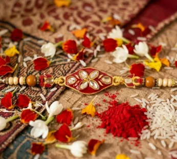 Premium Kundan Rakhi for Brother – Floral Enamel Wooden Pearl Bead Design