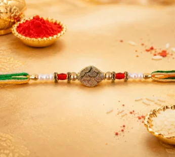 Premium Fancy Thread Rakhi – Antique Oval Charm Pearl Crystal