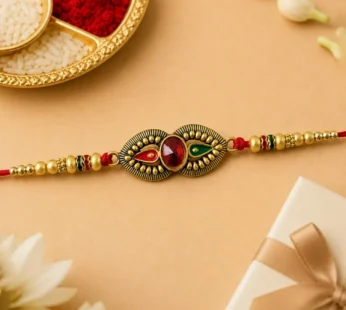 Premium Antique Oval Dual Enamel Charm Crystal Stone Bead Thread Rakhi for Brother