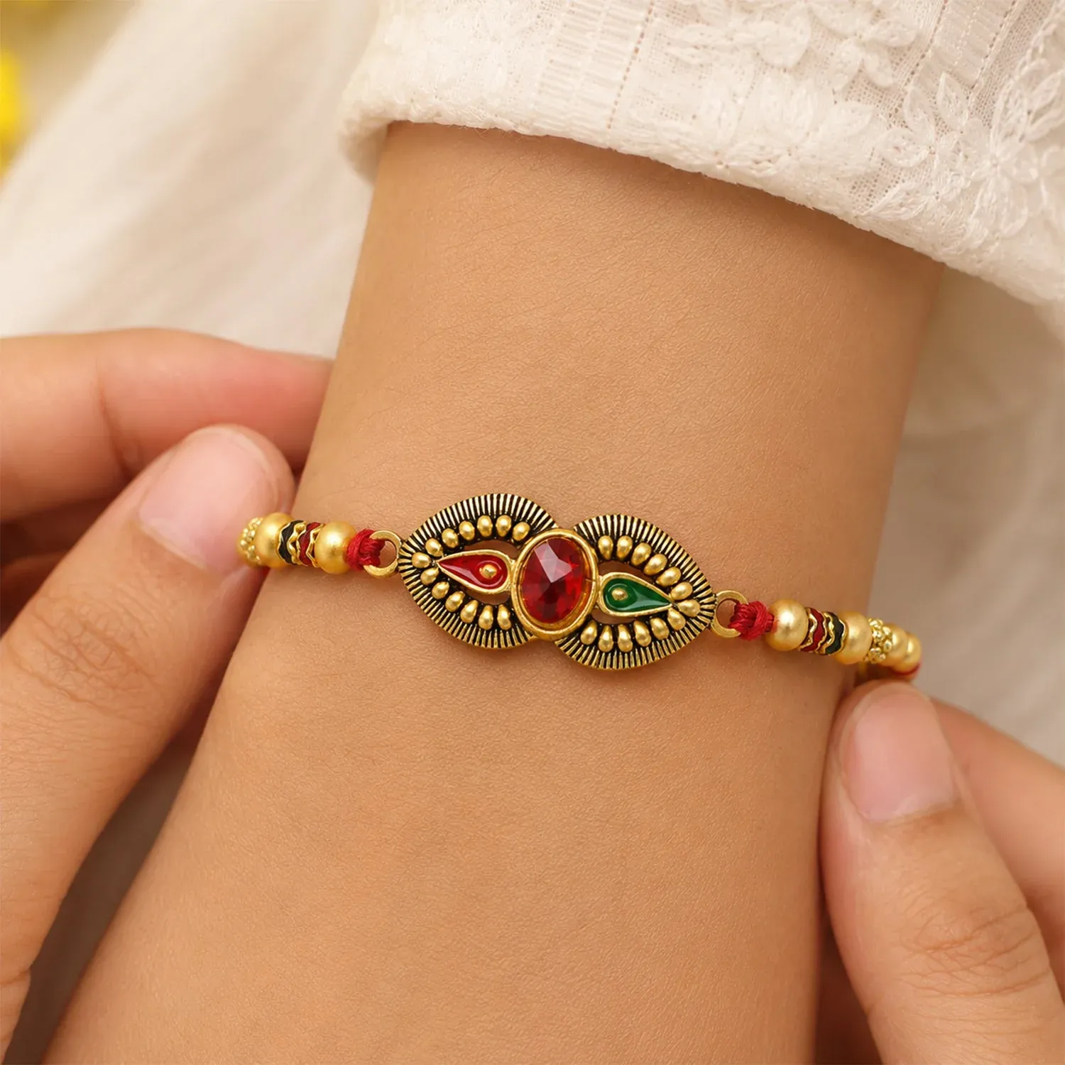 Premium Antique Oval Dual Enamel Charm Crystal Stone Bead Thread Rakhi for Brother - Detailed Feature View 1