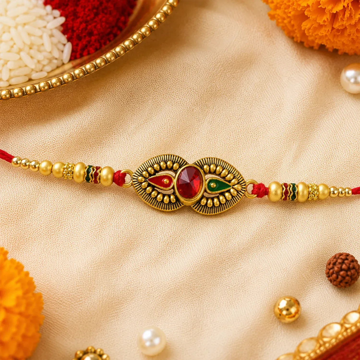 Premium Antique Oval Dual Enamel Charm Crystal Stone Bead Thread Rakhi for Brother - Detailed Feature View 3