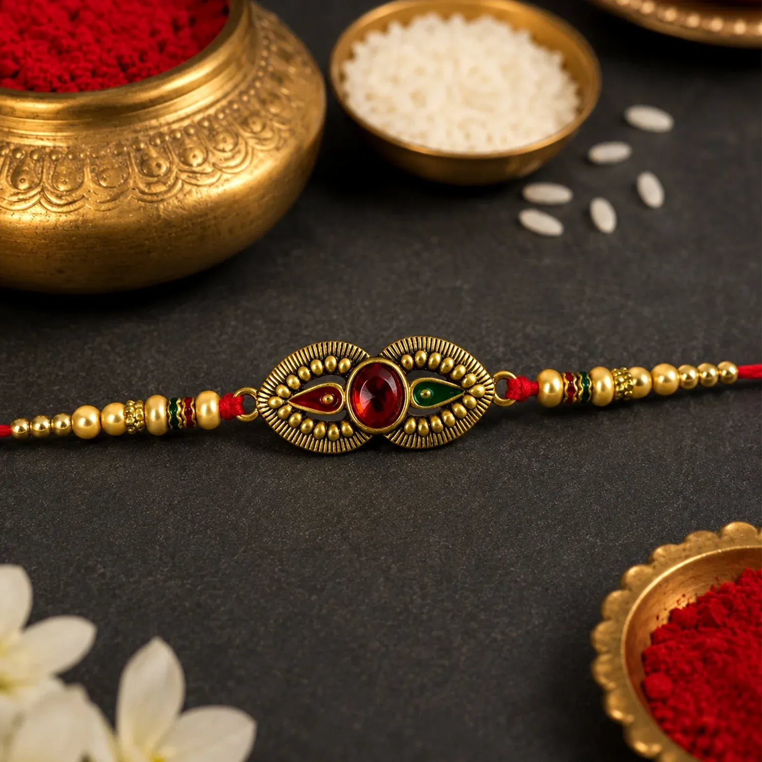 Premium Antique Oval Dual Enamel Charm Crystal Stone Bead Thread Rakhi for Brother - Detailed Feature View 2