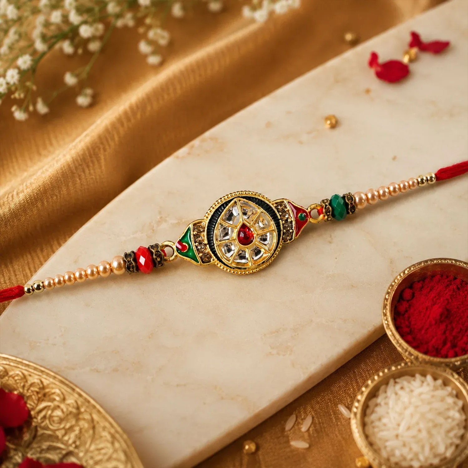 Premium Round Kundan Meenakari Design Crystal Bead Thread Rakhi for Brother - Detailed Feature View 3