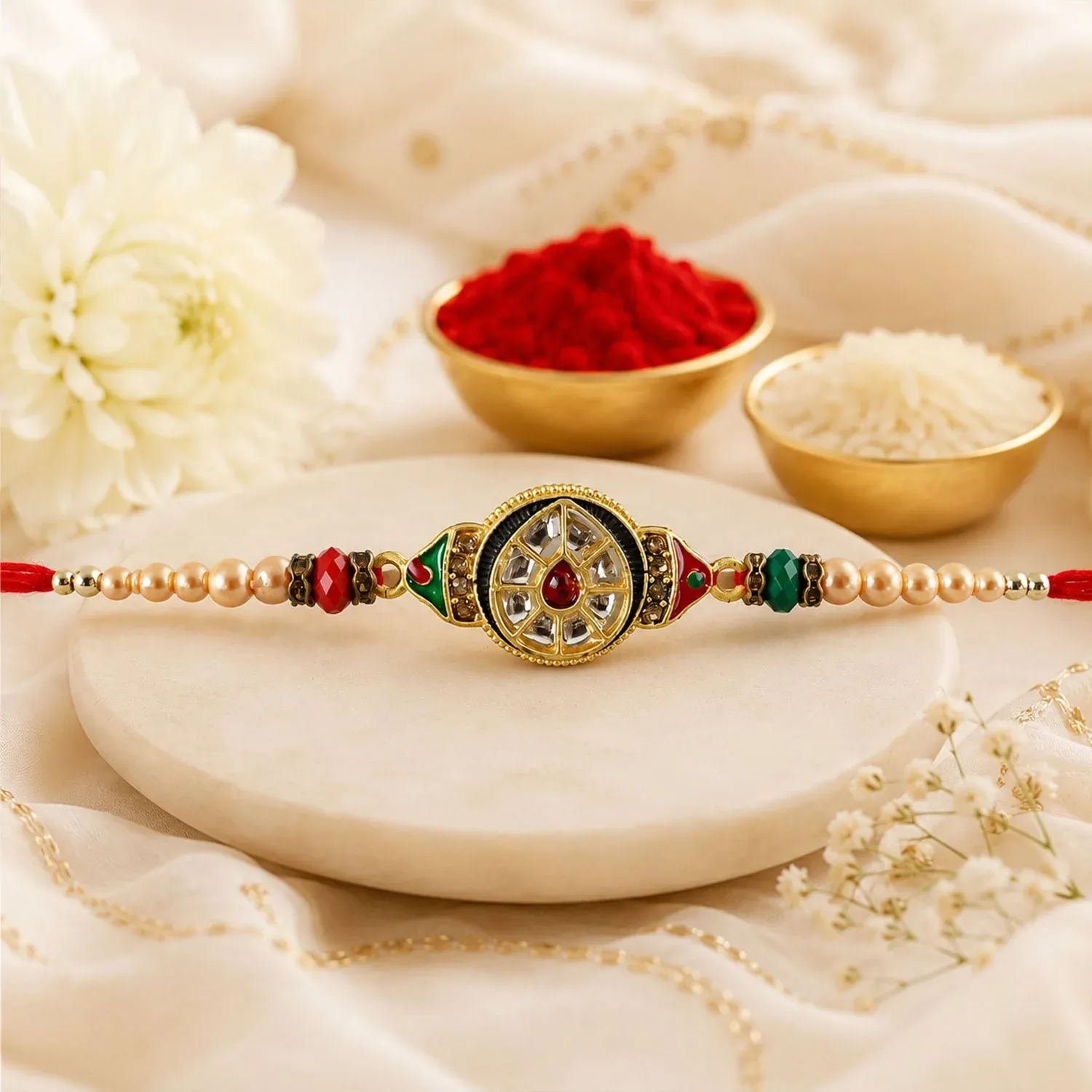 Premium Premium Round Kundan Meenakari Design Crystal Bead Thread Rakhi for Brother - Buy Online at Alikart