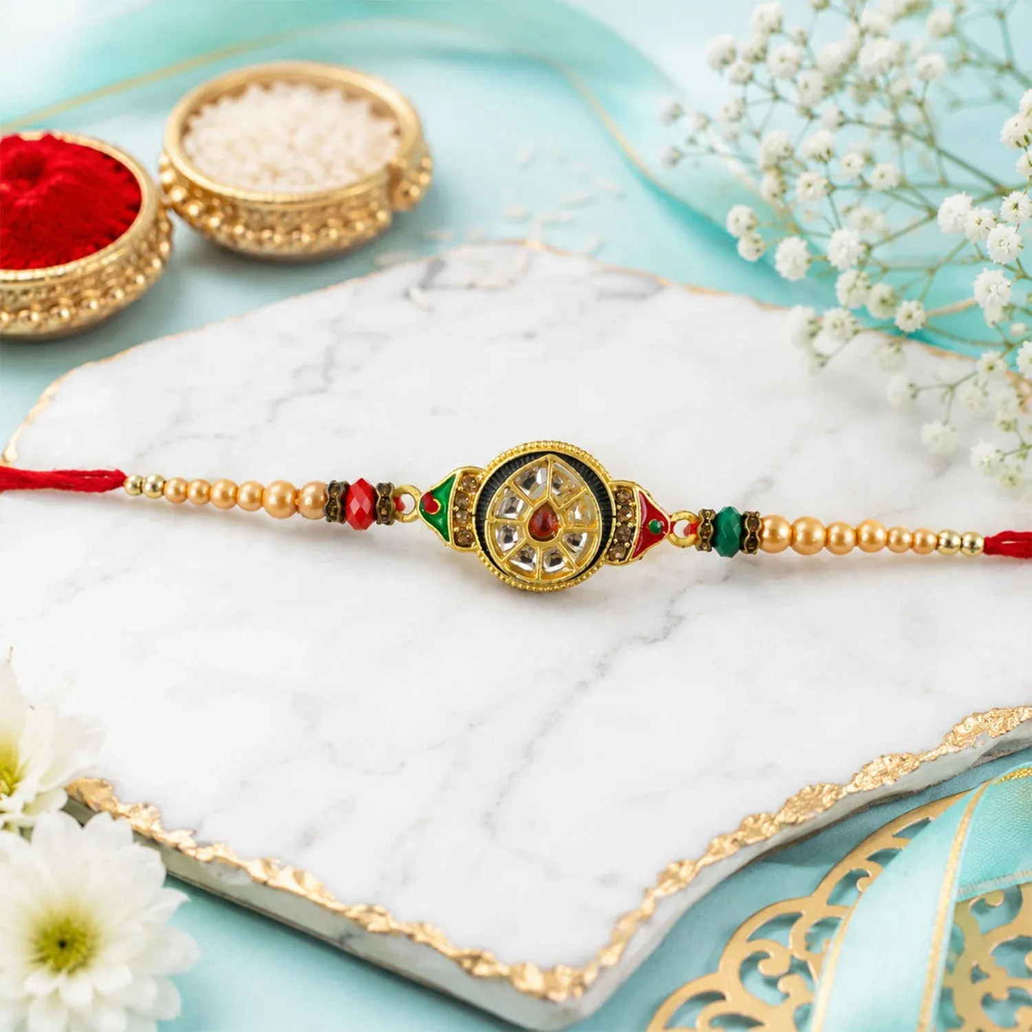 Premium Round Kundan Meenakari Design Crystal Bead Thread Rakhi for Brother - Detailed Feature View 2