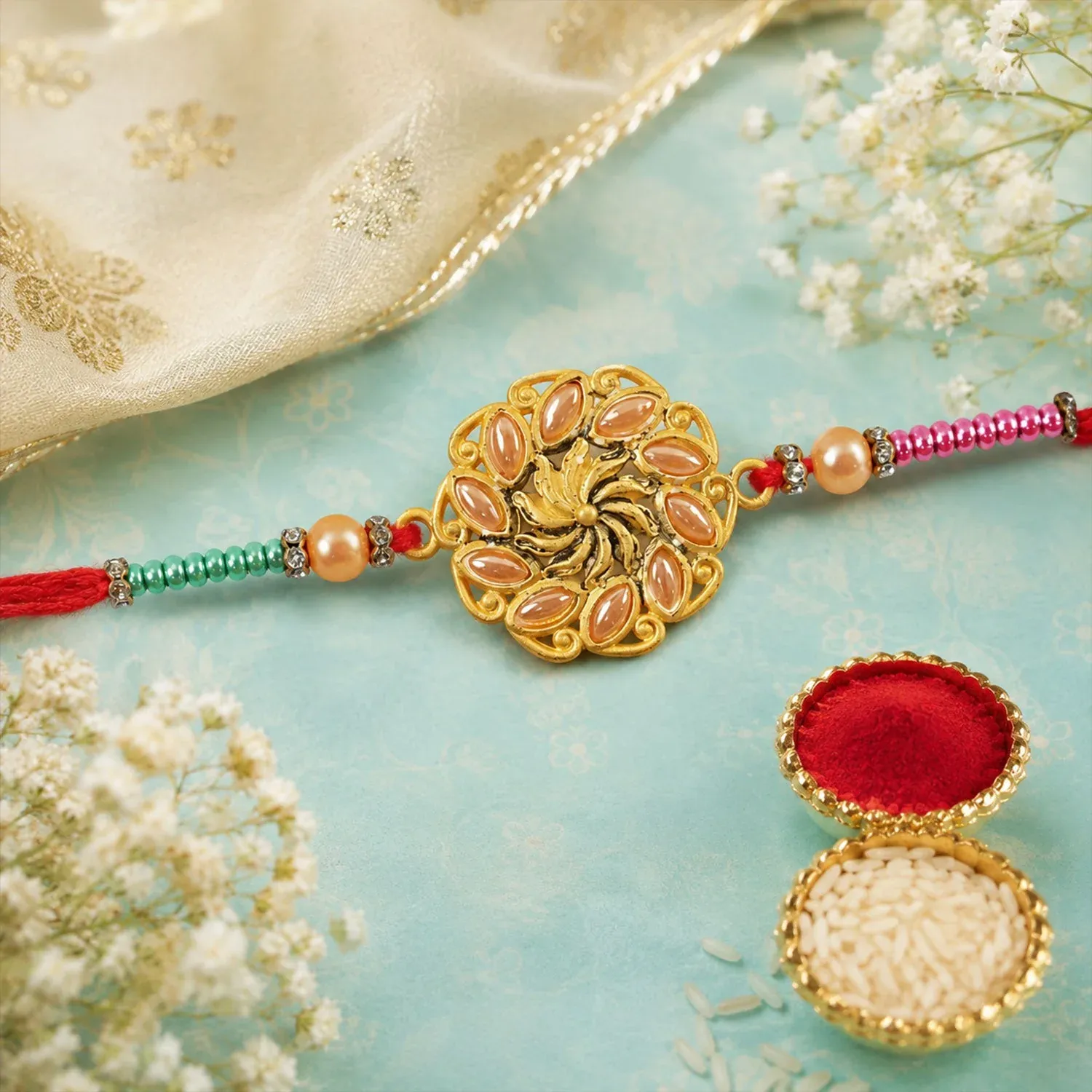 Premium Premium Round Floral Kundan Stone Pearl Bead Rakhi for Brother - Buy Online at Alikart