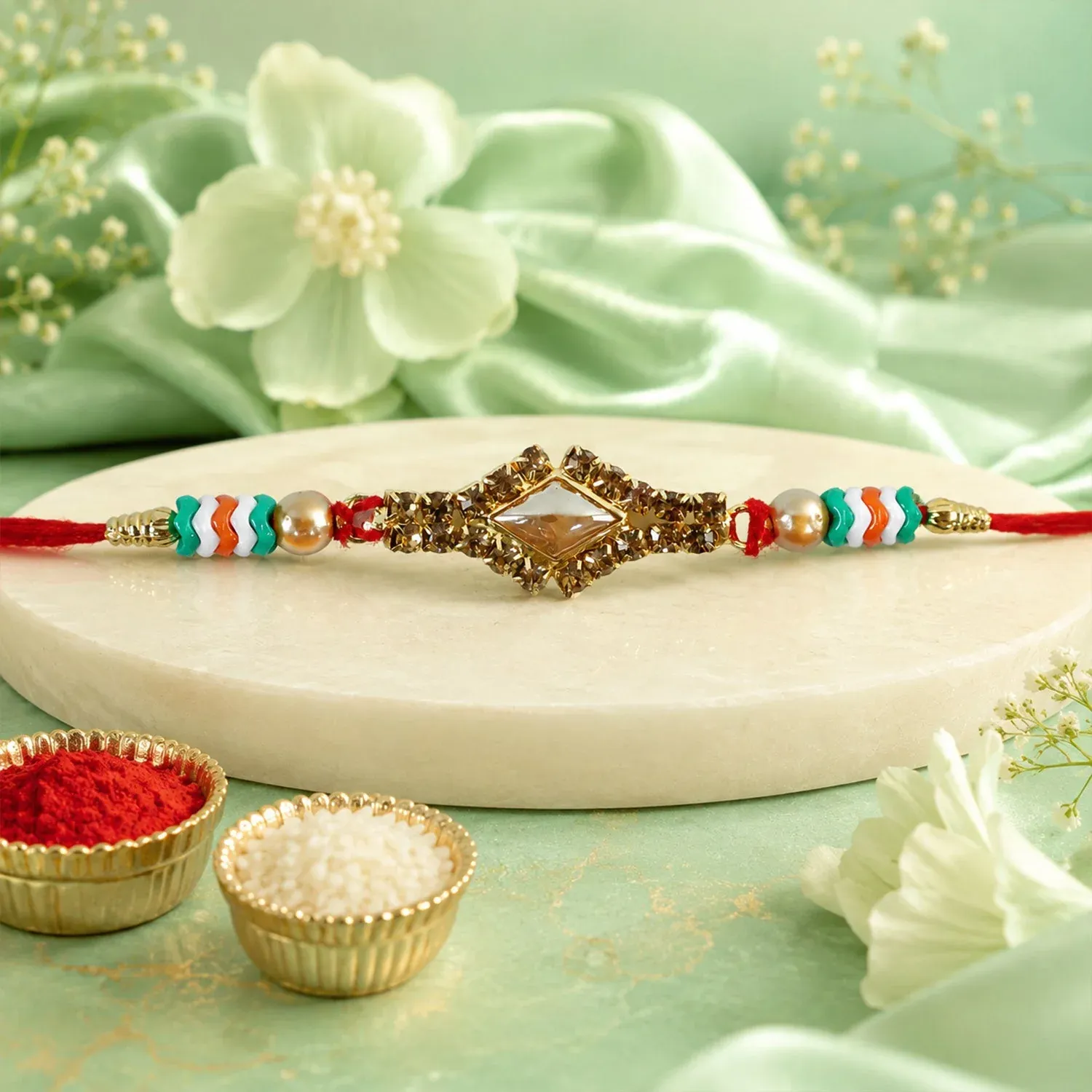 Premium Premium Diamond Kundan Crystal Stone Pearl Bead Fancy Thread Rakhi for Brother - Buy Online at Alikart