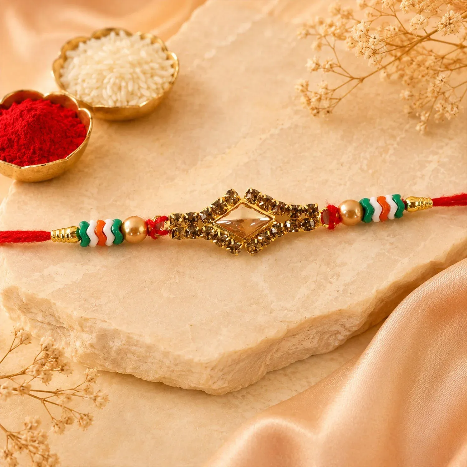Premium Diamond Kundan Crystal Stone Pearl Bead Fancy Thread Rakhi for Brother - Detailed Feature View 3