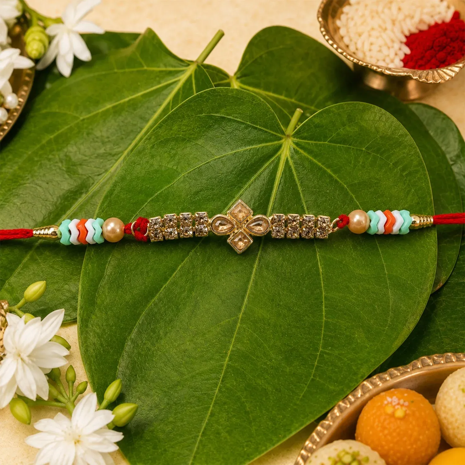 Premium Floral Kundan Crystal Bead Pearl Decorative Fancy Thread Rakhi for Brother - Detailed Feature View 2