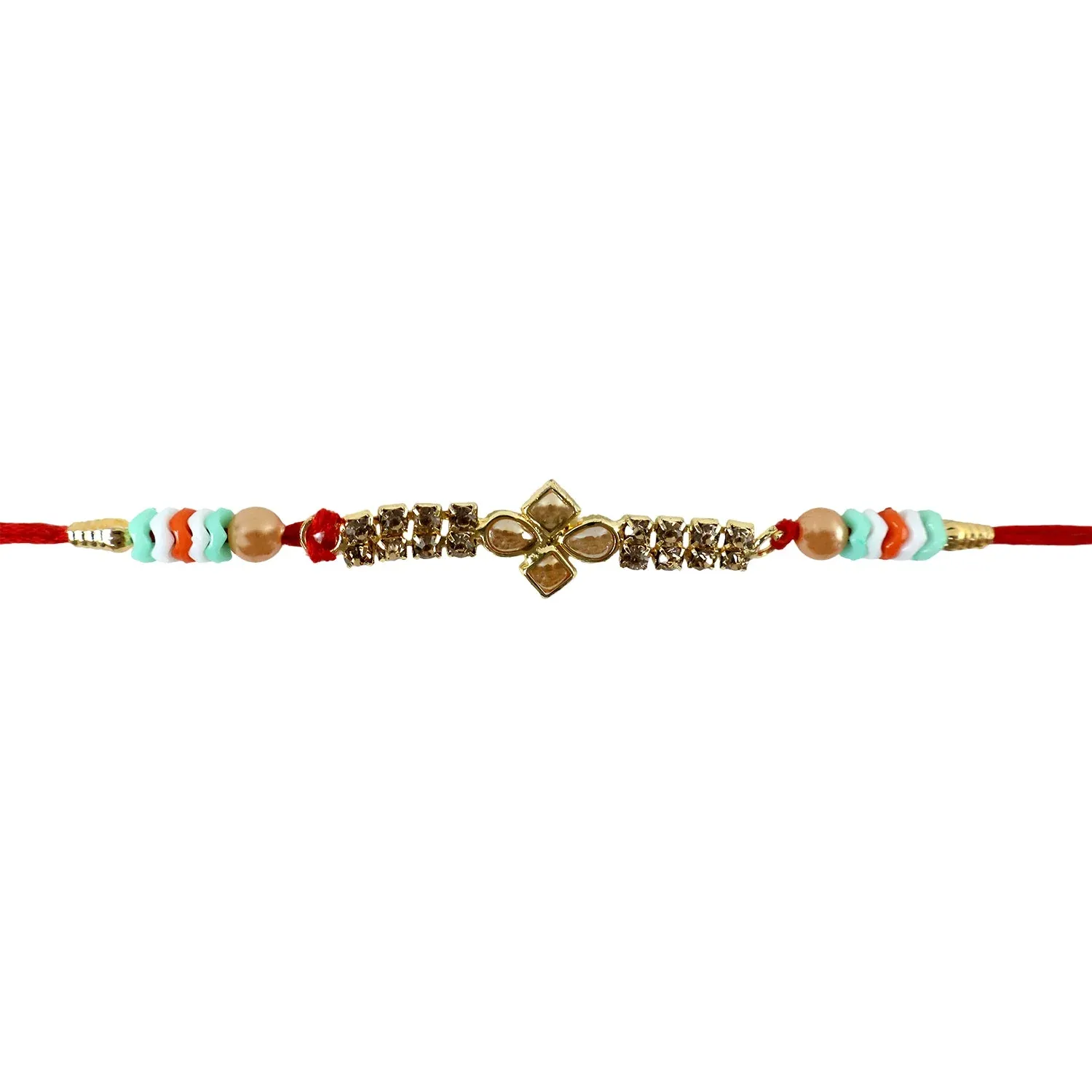 Premium Floral Kundan Crystal Bead Pearl Decorative Fancy Thread Rakhi for Brother - Detailed Feature View 4