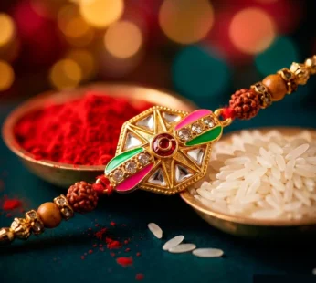 Premium Kundan Meenakari Rakhi – Hexagon Enamel Rudraksha for Brother