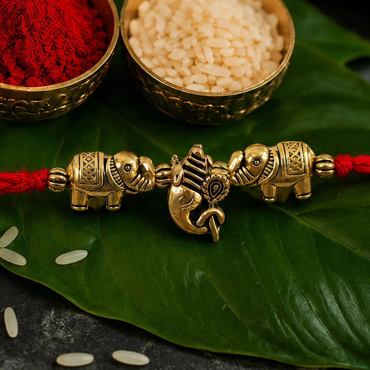 Premium Elephant Design Om Ganesha Antique Charm Fancy Thread Rakhi for Brother - Detailed Feature View 2