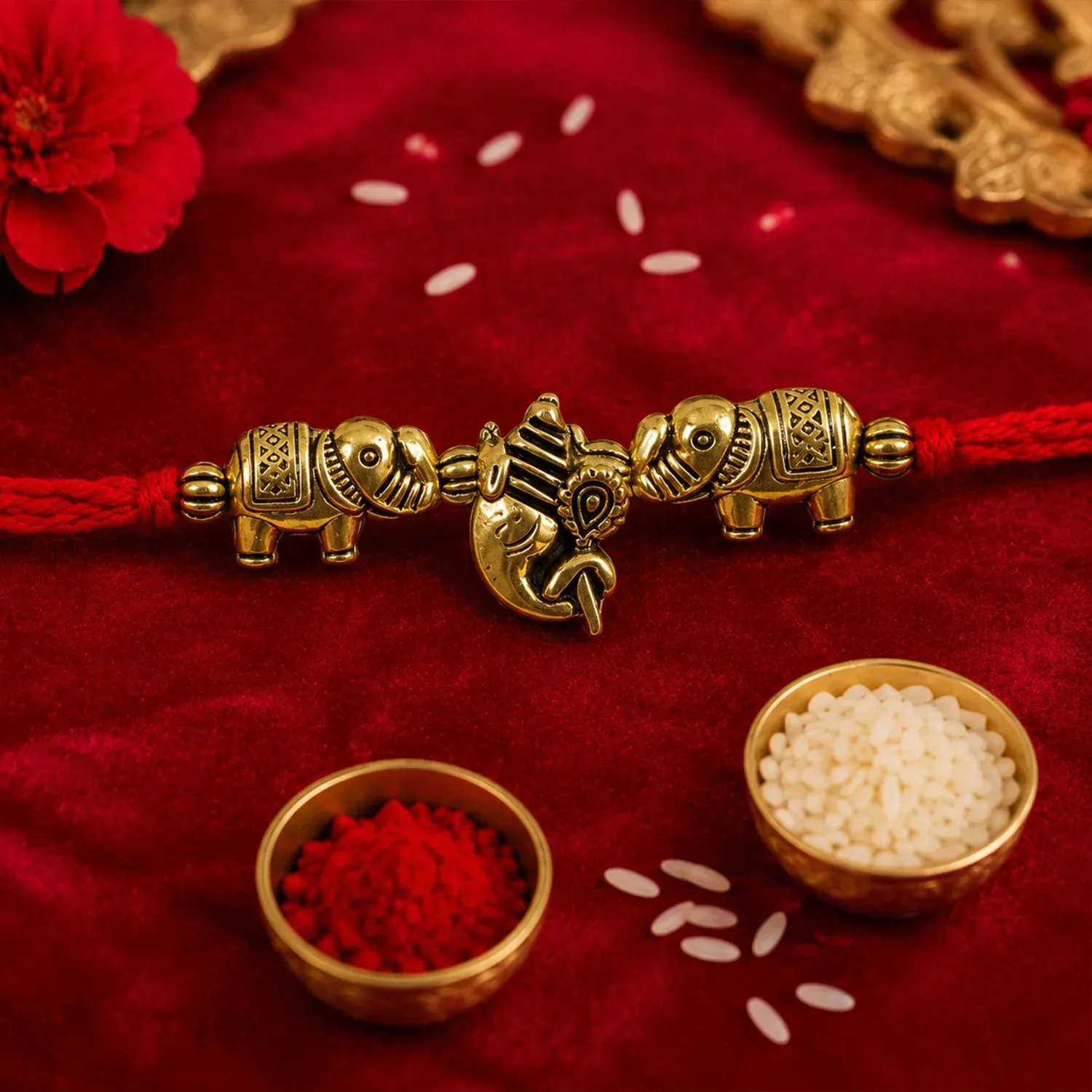 Premium Elephant Design Om Ganesha Antique Charm Fancy Thread Rakhi for Brother - Detailed Feature View 3