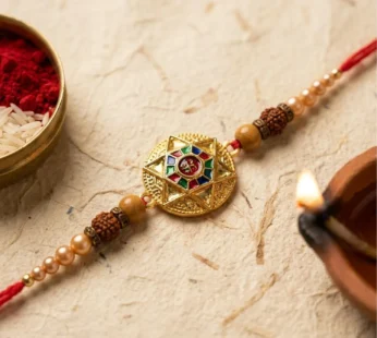 Premium Round Meenakari Stylish Star Charm Rudraksha Pearl Bead Rakhi for Brother